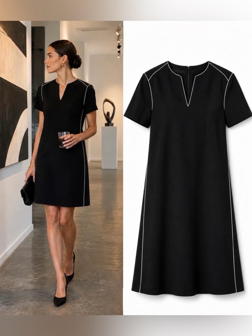 Lafayette 148 New York Ezra Contrast Piped Shift Dress S Black Elegant Luxury